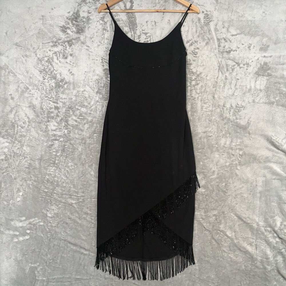 Joseph Ribkoff Black Beaded Fringe Cocktail Dress Women's 10 Party 90s Glam Y2K